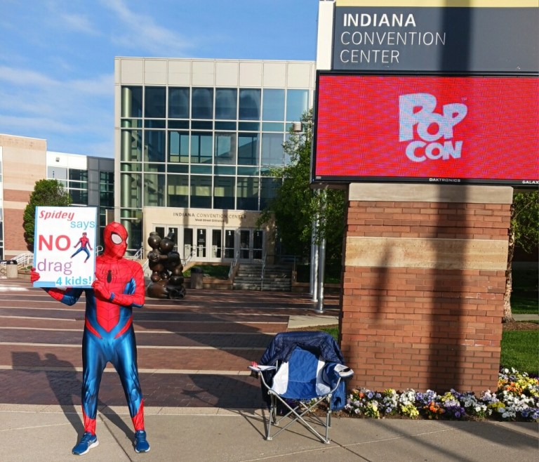Activist dons Spiderman costume to protest drag for kids at Indiana Convention Center
